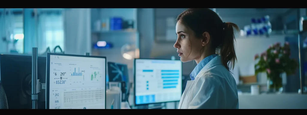 Woman in a lab coat analyzing data on computer screens in a medical research environment, emphasizing the importance of monitoring changes in medical conditions for estimating future expenses after workplace injuries.