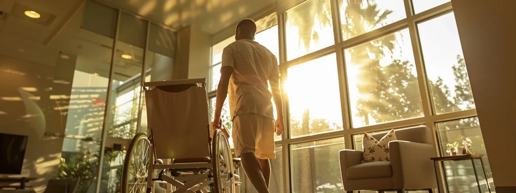 a determined individual, surrounded by a serene rehabilitation environment, engages in physical therapy while sunlight streams through large windows, symbolizing hope and resilience in the recovery journey from injury.