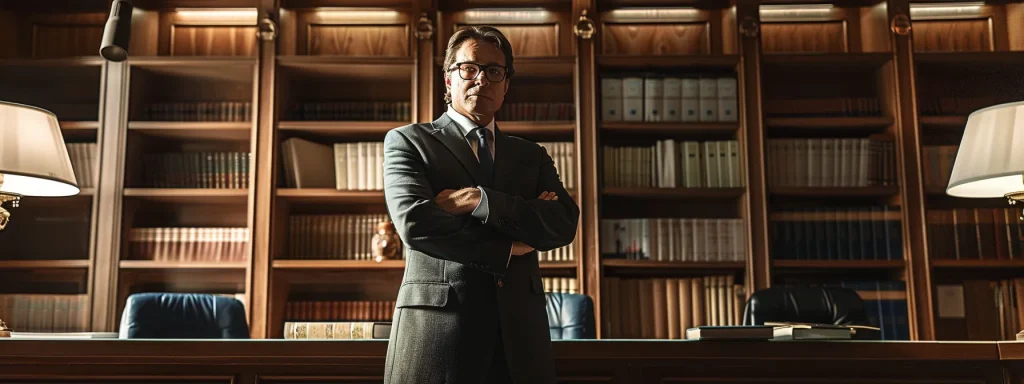 a determined lawyer stands confidently in a sleek courtroom, illuminated by strong overhead lights, ready to advocate for their client in an automobile injury case, surrounded by legal books and a focused atmosphere.