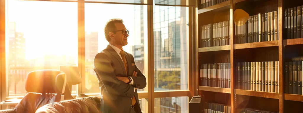 a determined lawyer stands confidently in a modern office, surrounded by legal books and case files, as sunlight streams through large windows, symbolizing guidance and expertise in navigating the complex world of auto accident cases.