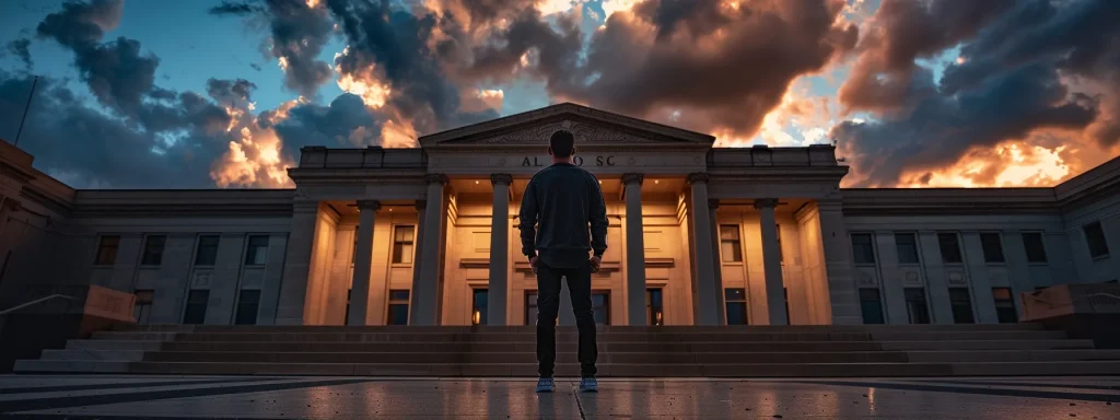 a determined pedestrian stands confidently in front of a courthouse, symbolizing the vital role of legal representation in securing justice after an accident, with a dramatic sky overhead emphasizing the importance of timely action.