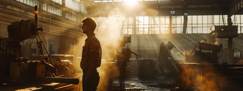a determined worker stands amidst industrial machinery, illuminated by a beam of sunlight filtering through a dusty window, symbolizing the struggle and resilience involved in navigating the complexities of workers' compensation claims.