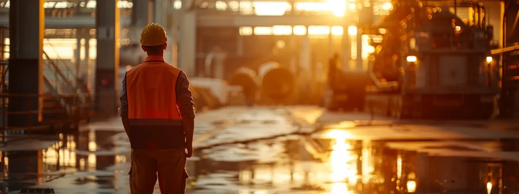 a determined worker stands confidently beside heavy machinery in a well-lit industrial setting, symbolizing resilience and the pursuit of justice in workers&rsquo; rights amid the complexities of injury claims.