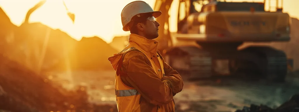 a determined worker stands confidently in front of heavy machinery at a construction site, illuminated by the warm glow of the setting sun, symbolizing hope and resilience in the face of workplace injuries.