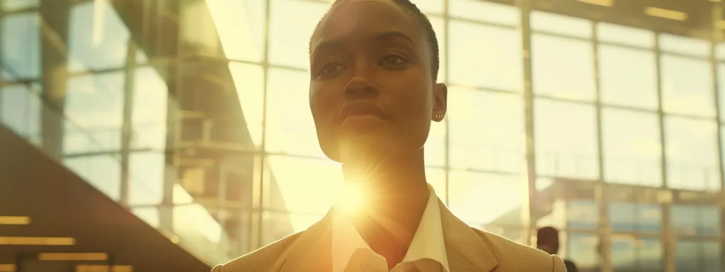 a determined worker stands confidently in a bright, modern office setting, surrounded by diverse professionals engaged in a dynamic mediation session, embodying the essence of collaboration and resolution in workers' compensation claims.