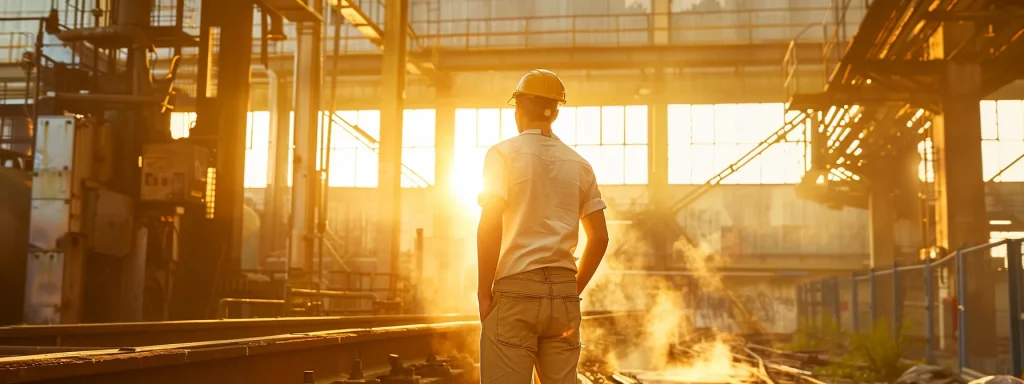 a determined worker stands in a sunlit industrial setting, looking resolutely towards a first-aid station, symbolizing hope and recovery after a machinery injury.