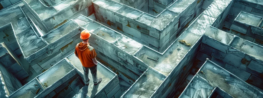 a determined worker stands in front of a large, imposing maze symbolizing the complexities of the workers' compensation claim process, illuminated by the harsh light of midday, emphasizing the challenges of navigating denials and delays.