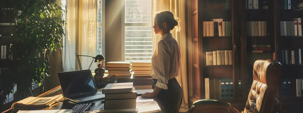 a determined worker stands in a sunlit law office, surrounded by documents and a laptop, symbolizing the journey through the legal process of a work injury case with an air of hope and resilience.