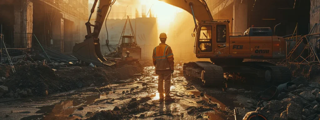 a determined worker stands resiliently in a construction site, surrounded by heavy machinery under dramatic sunlight, symbolizing the legal protections and support for those injured on the job.
