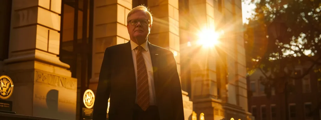 a distinguished attorney stands confidently outside a courthouse, surrounded by plaques and awards that symbolize their expertise in vehicle accident cases, illuminated by warm sunlight that highlights their commitment to justice and client advocacy.