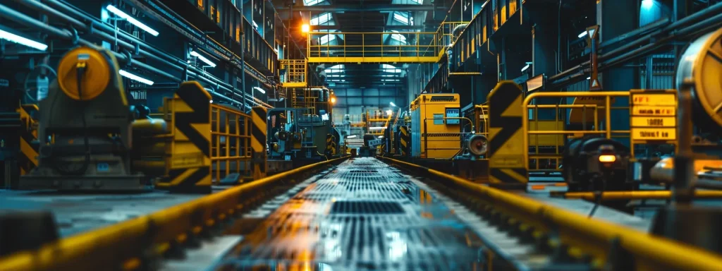 a dramatic close-up of a gleaming industrial machine surrounded by warning signs, illuminated by harsh overhead lighting, capturing the essence of workplace safety amidst a backdrop of tension and caution.