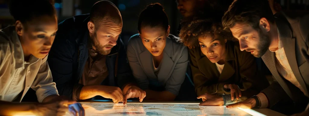 a dramatic close-up of a diverse team gathered around a large, illuminated emergency response plan on a table, deep in discussion, illuminated by soft overhead lighting that casts focused highlights on their engaged expressions.