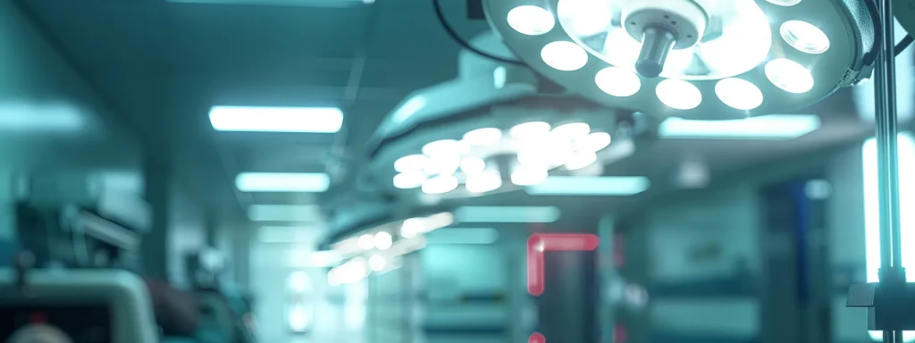 a dramatic close-up of a hospital emergency room, with a focus on a medical team assessing a patient with visible injuries from a machinery accident, illuminated by stark overhead lights highlighting the urgency and seriousness of the situation.