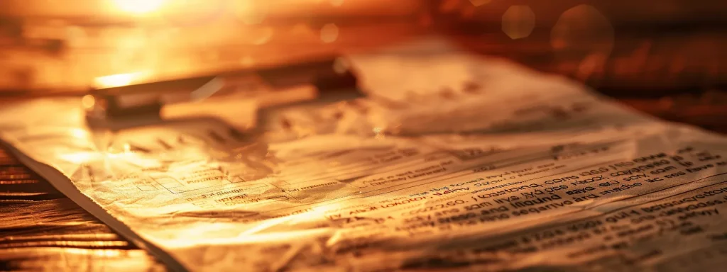 a dramatic close-up of a weathered insurance claim form, partially filled out, sits on a table illuminated by soft, natural light, embodying the tension of navigating complex car accident settlements.