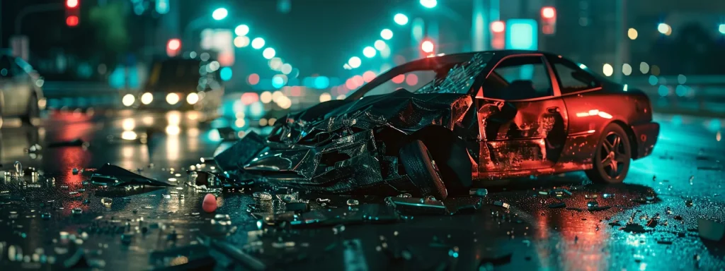 a dramatic close-up captures a crumpled car on the side of the road, surrounded by shattered glass and scattered debris, illuminated by the soft glow of emergency lights in the twilight.