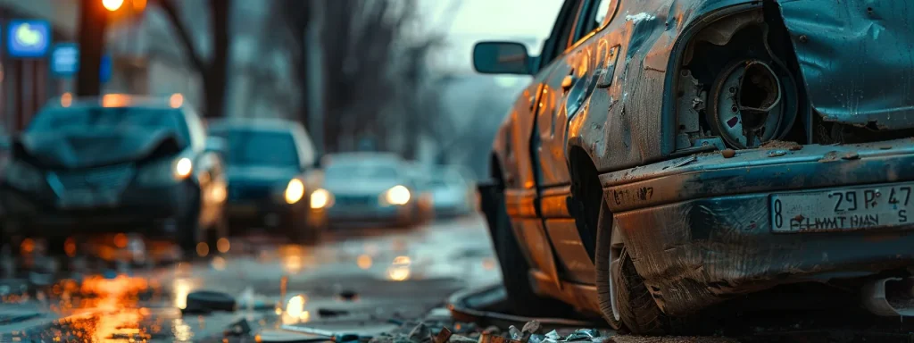 a dramatic close-up of a crumpled car bumper set against a blurred city street background, emphasizing the aftermath of a rear-end collision with a somber, overcast sky.