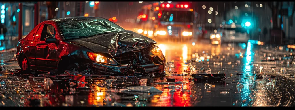 a dramatic close-up of a crumpled car's front end amidst shattered glass and scattered debris on a rain-soaked road, illuminated by the flashing lights of emergency vehicles in the twilight.