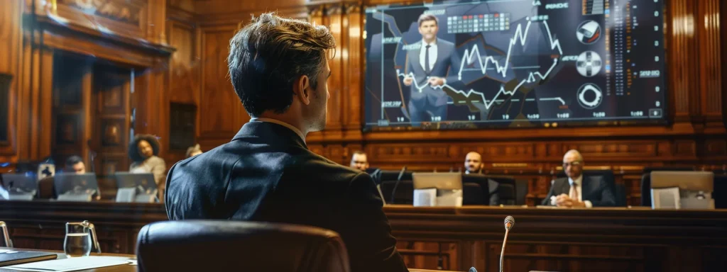a dramatic court scene showcases a confident attorney presenting a detailed digital display of accident reports and gps data, illuminating the critical importance of evidence in establishing fault in distracted driving cases.