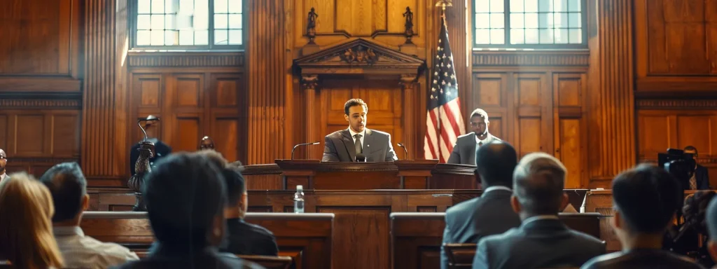 a dramatic courtroom scene captures the intensity of an automobile injury case, with a focused attorney presenting compelling evidence to an engaged jury under stark, overhead lighting.