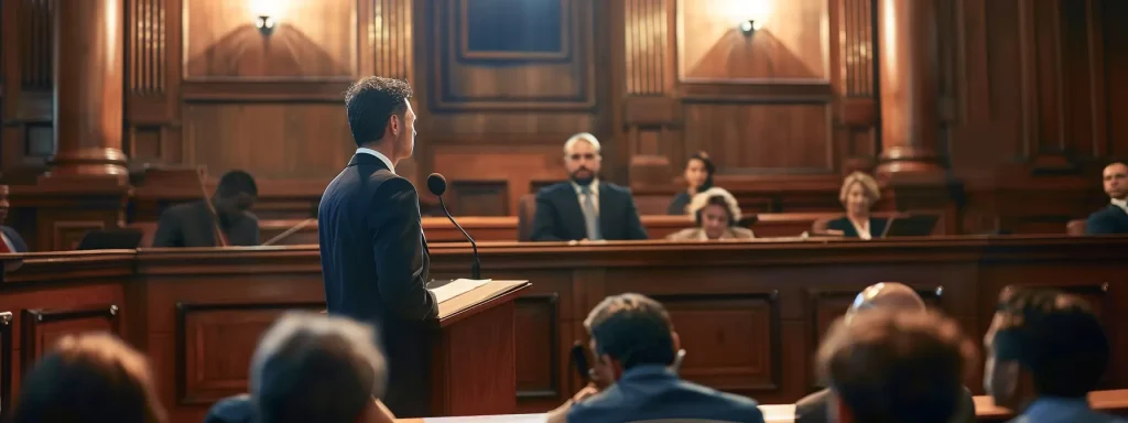 a dramatic courtroom scene captures a confident attorney passionately presenting evidence in a rear-end collision case, illuminated by focused lighting, highlighting the tension and urgency of the legal battle.