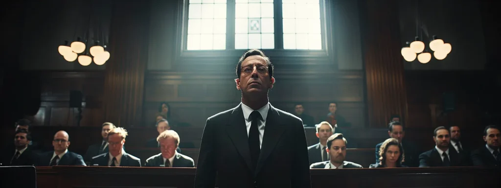 a dramatic courtroom scene captures a celebrity standing at the center, with a backdrop of intense expressions among the jurors, illuminated by stark overhead lights, emphasizing the pivotal moment of a landmark car accident litigation case that reshapes personal injury law.