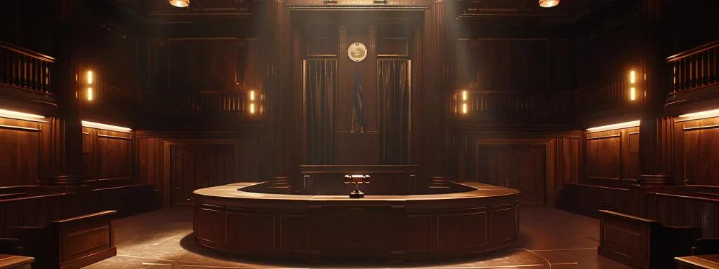 a dramatic courtroom scene illuminated by soft overhead lighting, featuring a central gavel resting on a polished wooden desk, symbolizing the intricate legal framework surrounding car crash cases.