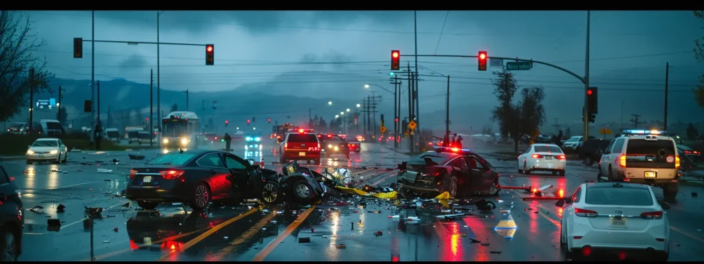 a dramatic depiction of a multi-car accident on a busy intersection, emphasizing the chaotic aftermath of collisions with shattered glass, crumpled vehicles, and a distant view of emergency responders attending to the scene under a moody, overcast sky.