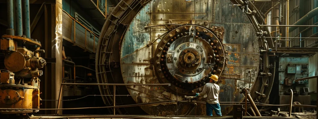 a dramatic, high-contrast image of a worker in protective gear inspecting a large, rusted industrial machine in a dimly lit factory, emphasizing themes of safety and potential hazards in the workplace.