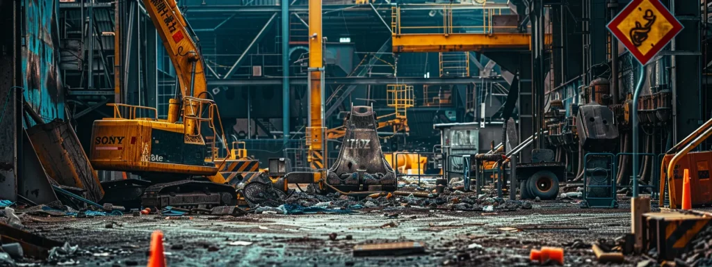 a dramatic industrial scene capturing a malfunctioning piece of heavy machinery surrounded by warning signs, emphasizing the potential hazards of workplace injuries and their impact on safety and insurance costs.