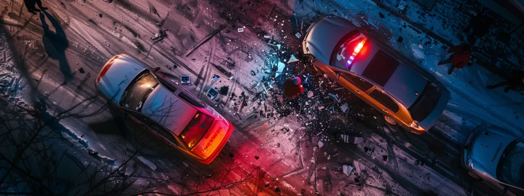 a dramatic overhead view of a car accident scene, with a detailed police report prominently displayed beside an accident diagram, capturing the tension of insurance negotiations and the pursuit of justice.