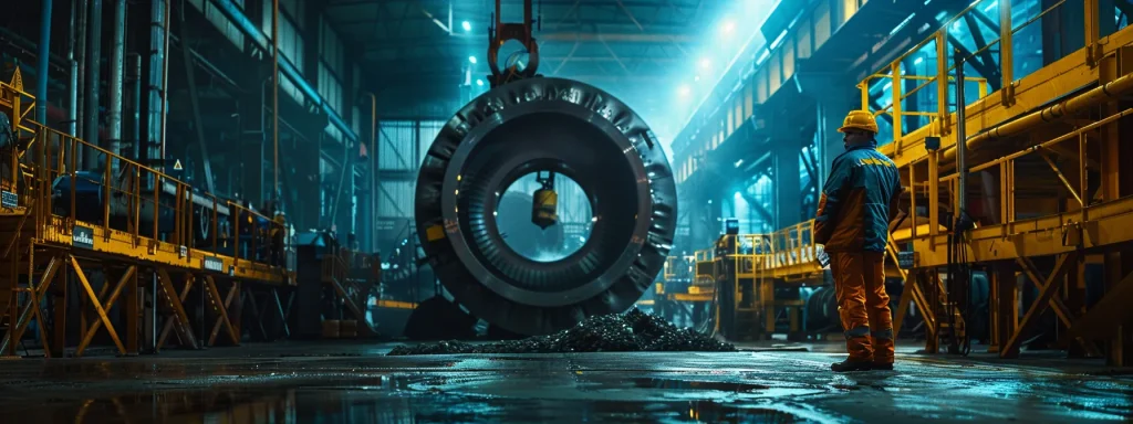 a dramatic portrayal of a worker in safety gear standing resolutely in front of a heavy industrial machine, illuminated by harsh overhead lighting that casts stark shadows, symbolizing the importance of understanding worker rights and safety protocols after machinery-related injuries.