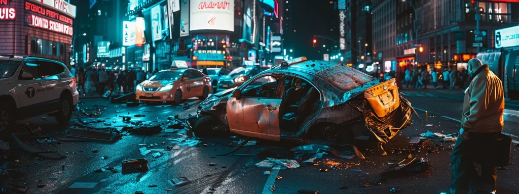 a dramatic scene captures a bustling city intersection with a damaged car, surrounded by insurance paperwork and a concerned figure consulting with an agent under the warm glow of streetlights, symbolizing the complexities of navigating auto accident insurance claims.