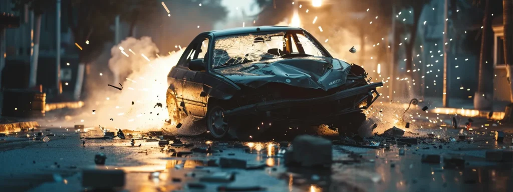 a dramatic scene captures a car in mid-crash, surrounded by scattered debris, emphasizing the serious consequences of distracted driving and the legal battle that follows, with moody lighting enhancing the tension and urgency.