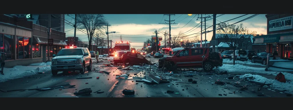 a dramatic scene captures the aftermath of a car accident on a bustling indiana street, with emergency vehicles reflecting flashing lights against the fading twilight, symbolizing the urgency of legal obligations and the importance of timely reporting.