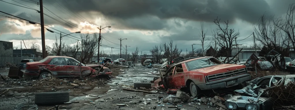 a dramatic scene captures the aftermath of an auto accident, showcasing crumpled vehicles amidst scattered debris under a moody overcast sky, emphasizing the urgency of documenting essential information for insurance claims.