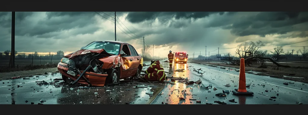 a dramatic scene captures the aftermath of a car accident in indiana, with a crumpled vehicle on the roadside, emergency responders assessing the situation under a cloudy sky, symbolizing urgency and the need for immediate safety measures.
