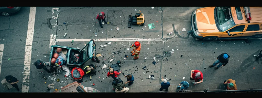 a dramatic scene captures the aftermath of a pedestrian accident, featuring a focused view of scattered personal belongings on the asphalt, alongside emergency responders and onlookers in soft, diffuse lighting, emphasizing the urgency and gravity of the situation.