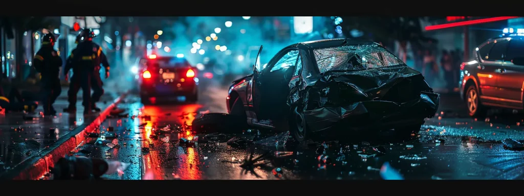 a dramatic scene capturing a chaotic car crash site, with shattered glass glimmering under bright police lights, while an officer collects evidence and witnesses share their accounts in the background.