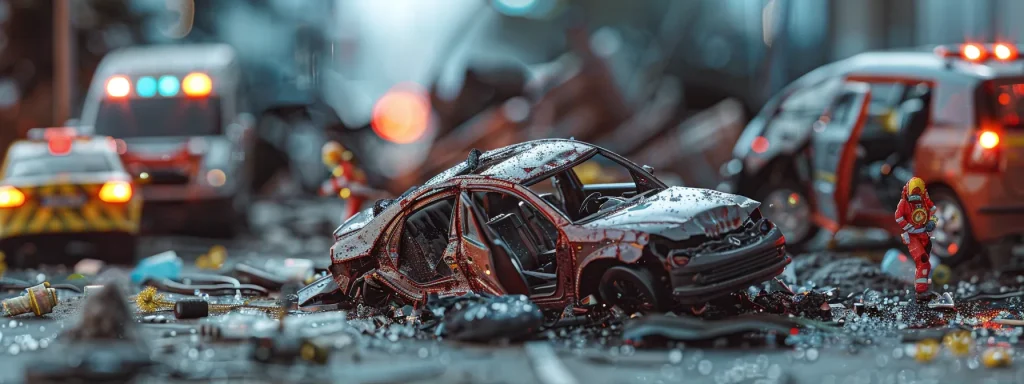a dramatic scene capturing the aftermath of a car accident, with a damaged vehicle on the roadside, surrounded by emergency responders and medical equipment, evoking the themes of negligence and legal consequence.