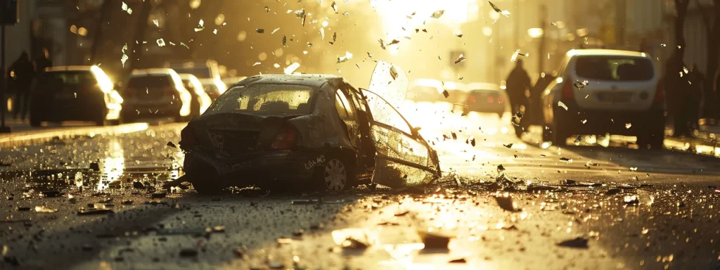 a dramatic scene capturing the aftermath of a car accident, with shattered glass glinting in the sunlight, police and witnesses discussing details amidst the chaos, highlighting the complexities of determining liability.