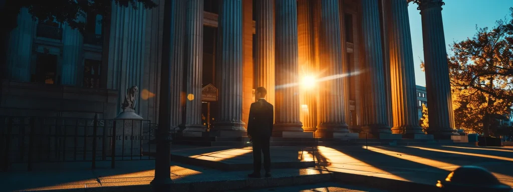 a dramatic scene depicting a determined automobile crash attorney standing confidently in front of a courthouse, symbolizing justice and advocacy for accident victims, illuminated by the warm glow of sunset.