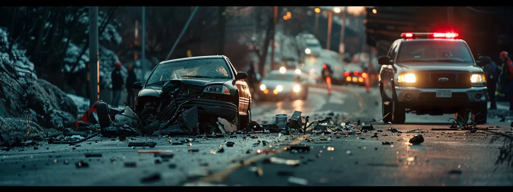 a dramatic scene depicts a well-lit auto accident site with scattered debris, showcasing the urgent documentation of crucial evidence amidst a backdrop of concerned onlookers and emergency responders.