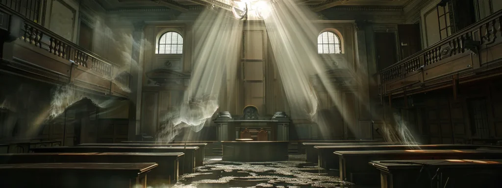 a dramatic scene of a flooded courtroom, symbolizing the turbulent journey of navigating auto accident compensation claims, with dark stormy clouds above and focused beams of light breaking through to illuminate key legal documents, representing hope amidst chaos.