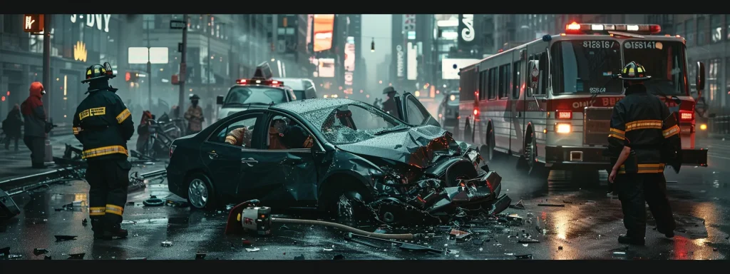 a dramatic scene of a rear-end collision aftermath showcases a damaged vehicle surrounded by emergency responders, contrasting shattered glass against a bustling urban backdrop under moody, overcast lighting.
