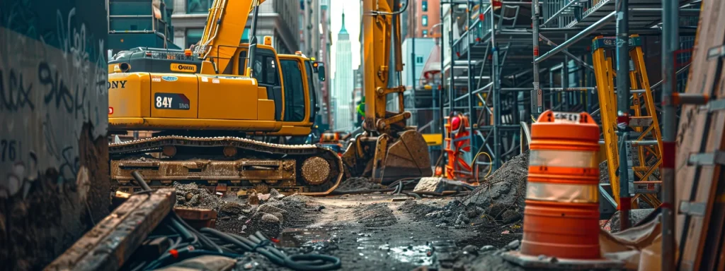 a dramatic scene of heavy machinery in a bustling construction site, surrounded by caution signs and safety equipment, highlighting the potential dangers and serious consequences of workplace injuries.