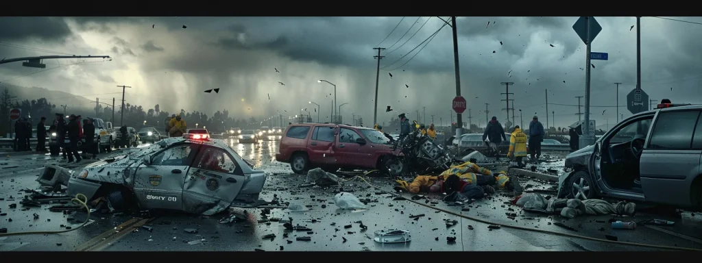 a dramatic scene unfolds at the site of a car accident, showcasing shattered glass and crumpled metal under a gray sky, with emergency responders attending to injured occupants while witnesses gather in the background, conveying the urgency and chaos of the moment.