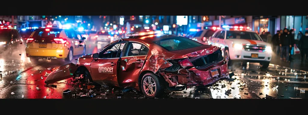 a dramatic scene unfolds on a busy urban street, illuminated by glaring headlights, where a tense moment captures the aftermath of a rear-end collision, emphasizing the importance of clear communication and careful documentation amidst swirling emergency lights and concerned bystanders.