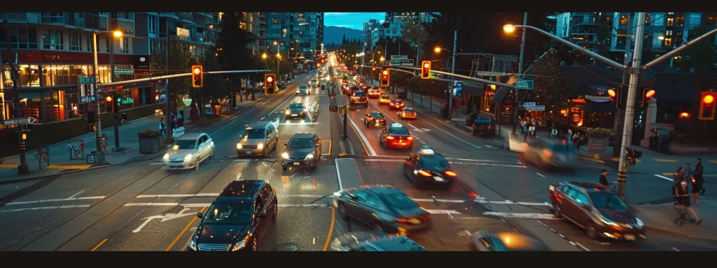 a dramatic urban intersection at dusk, illuminated by vibrant city lights, showcasing a diverse group of motorists and pedestrians safely navigating traffic with visible seat belts and helmets, symbolizing the importance of safety laws in accident prevention.