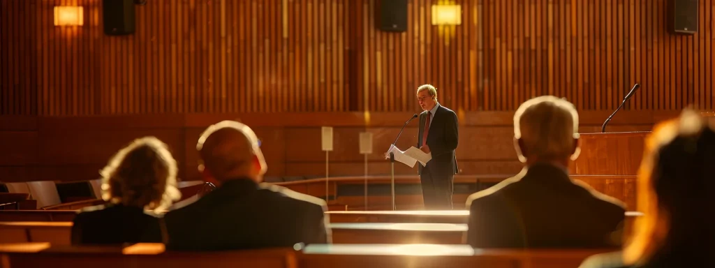 a dynamic courtroom scene captures a determined attorney presenting a compelling case against distracted driving, illuminated by dramatic lighting that emphasizes the gravity of the legal battle.