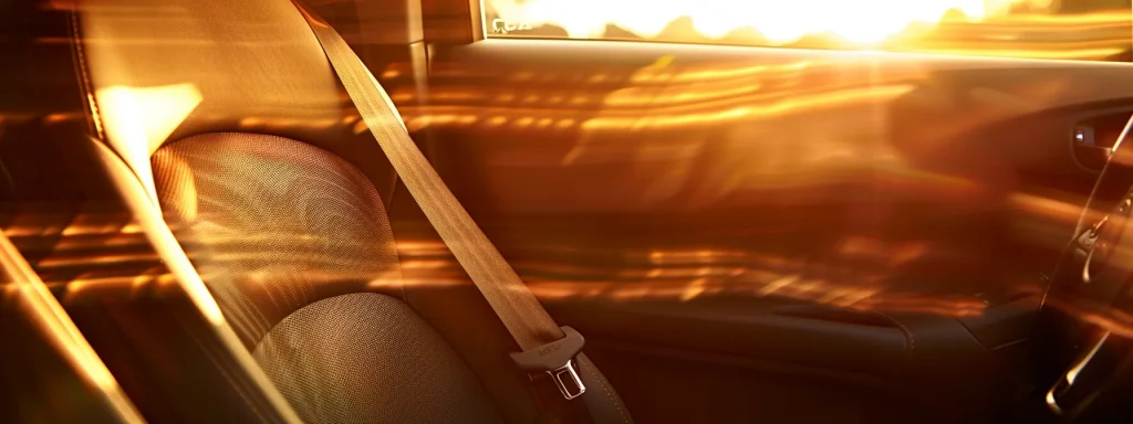 a dynamic snapshot of a car interior showcasing a prominently fastened seat belt against a blurred backdrop of a texas highway, illuminated by bright afternoon sunlight, symbolizing the crucial importance of seat belt compliance in road safety.